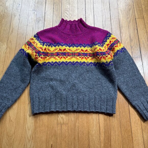 Express Vintage Size M Pink Yellow & Gray Fair Isle Wool Knit Mock Neck Sweater - Picture 2 of 12